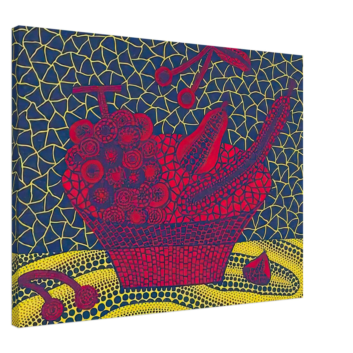 Yayoi Kusama canvas print — Fruit Basket (5) by Yayoi Kusama explores one of the artist’s recurring subjects: the abundance of ordinary fruit, 60x80 cm / 24x32″