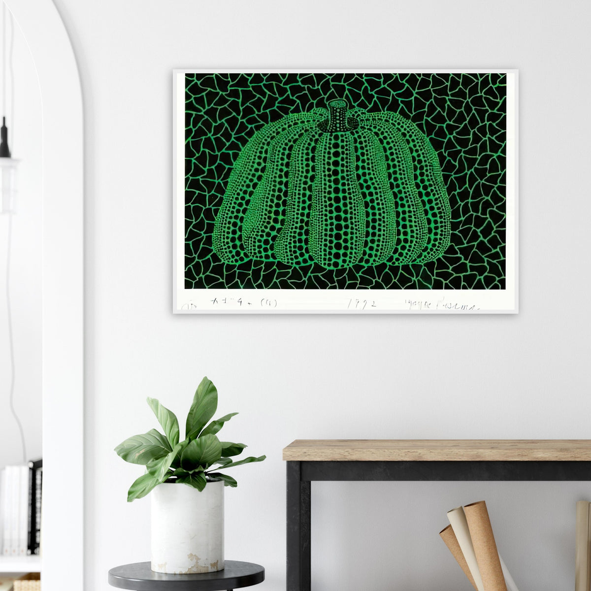 Yayoi Kusama framed print — Pumpkin (G) [Kusama 151] revisits Kusama’s best-known vegetable through the relationship between its distinctive form and repeating ornament