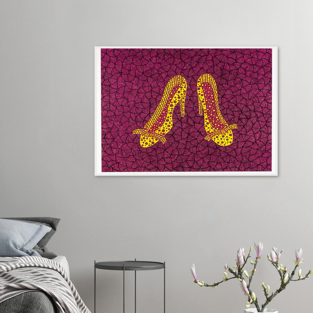 Yayoi Kusama framed print — High Heels (2) makes a fashion accessory the protagonist of a Kusama print