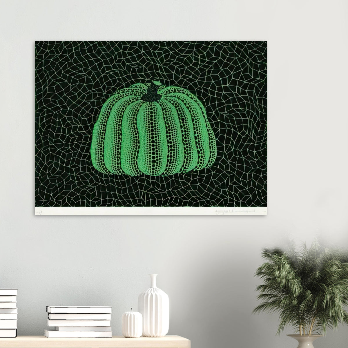 Yayoi Kusama poster — Pumpkin (Green, Version 2) presents Kusama’s familiar pumpkin through an explicitly green variation