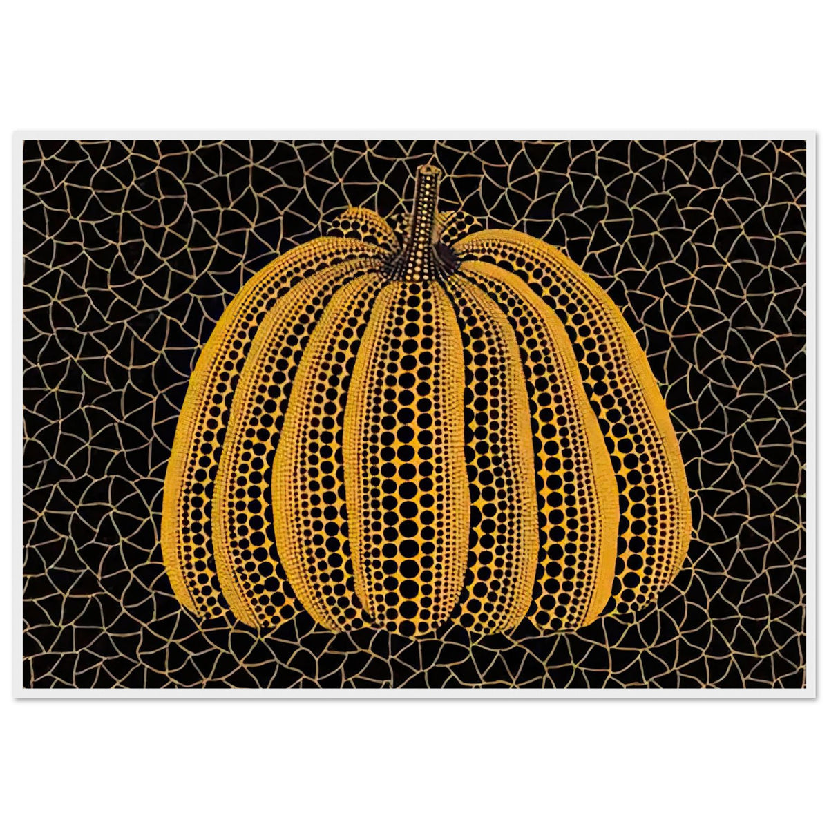 Yayoi Kusama framed print — Pumpkin (YY) [Kusama 231] revisits Kusama’s best-known vegetable through the relationship between its distinctive form and repeating ornament, white frame, 70x100 cm / 28x40″