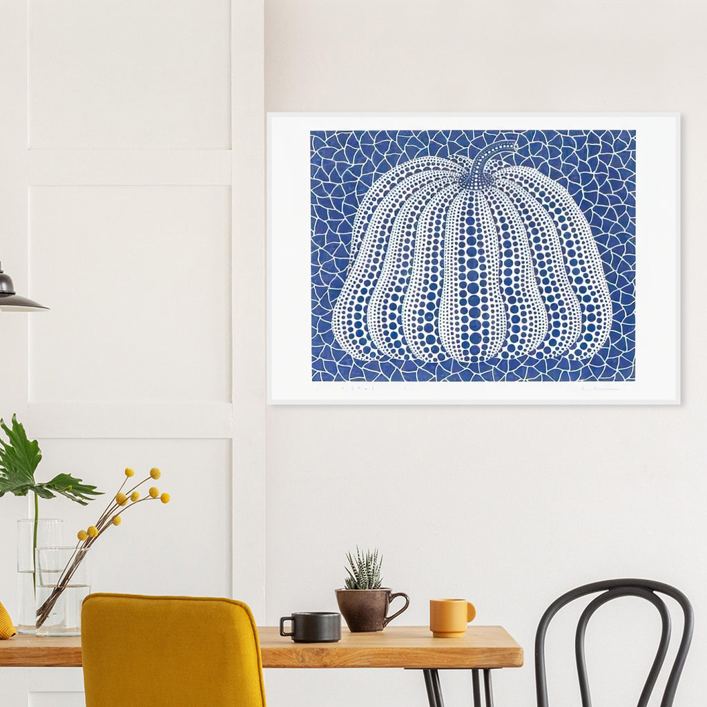 Yayoi Kusama framed print — Pumpkin (Blue, Version 2) presents Kusama’s familiar pumpkin through an explicitly blue variation