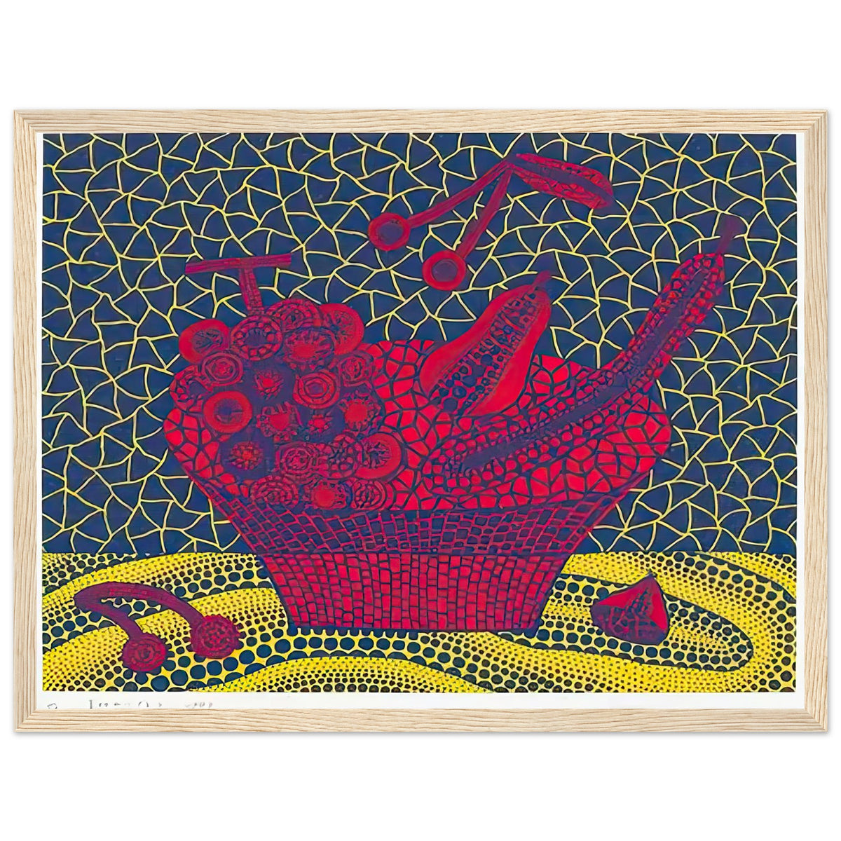 Yayoi Kusama framed print — Fruit Basket (5) by Yayoi Kusama explores one of the artist’s recurring subjects: the abundance of ordinary fruit, wood frame, 30x40 cm / 12x16″