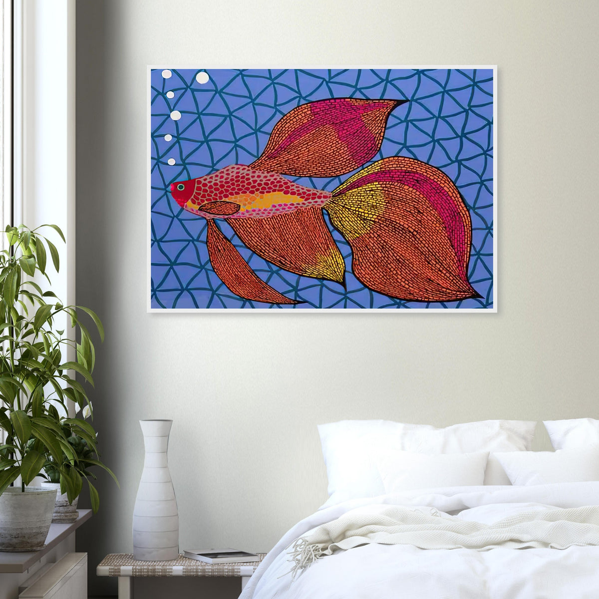 Yayoi Kusama framed print — Goldfish shifts Kusama’s attention from land-based motifs to an aquatic creature whose graceful outline invites a playful graphic treatment