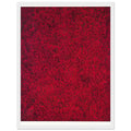 Yayoi Kusama framed print — A rich red field is filled with black, twisting net-like marks, creating a surface that flickers between atmosphere and abstraction, white frame, 30x40 cm / 12x16″