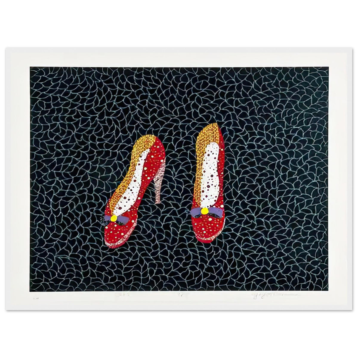 Yayoi Kusama framed print — Shoes (2) turns a footwear object into an image about shape, balance and individuality, white frame, 60x80 cm / 24x32″
