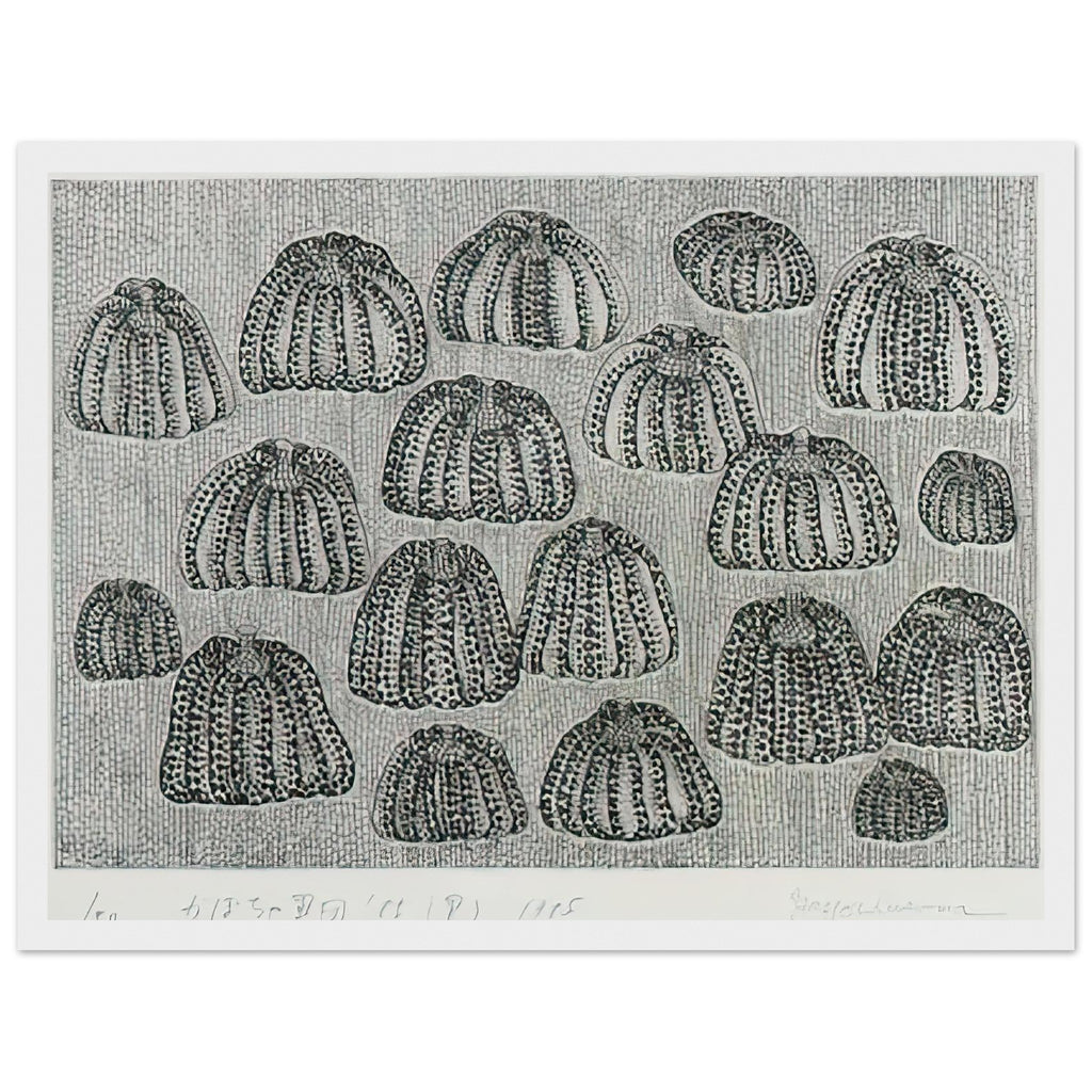 Yayoi Kusama framed print — Pumpkin Army (black and white) turns a single familiar vegetable into a collective presence, white frame, 30x40 cm / 12x16″
