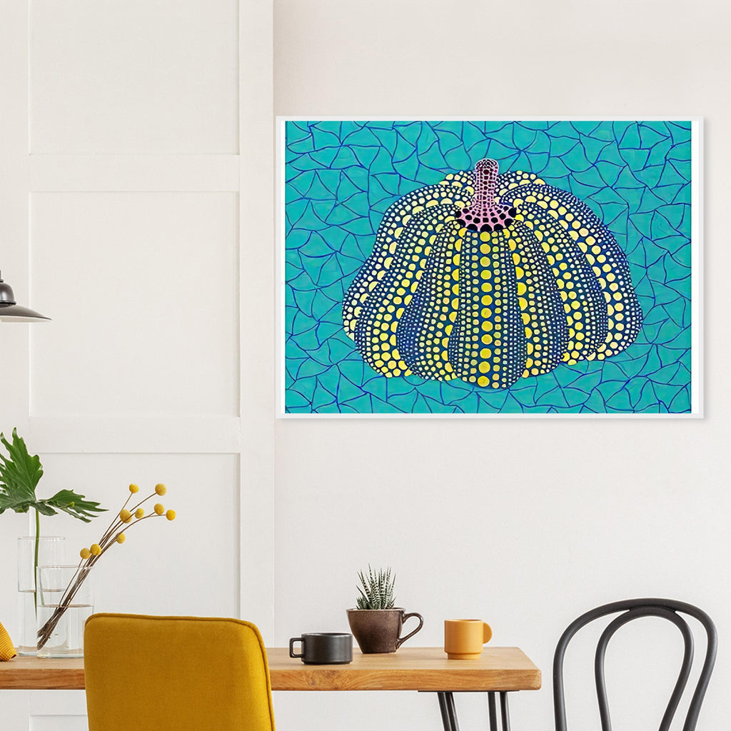 Yayoi Kusama framed print — Pumpkin (OG) [Kusama 156] revisits Kusama’s best-known vegetable through the relationship between its distinctive form and repeating ornament
