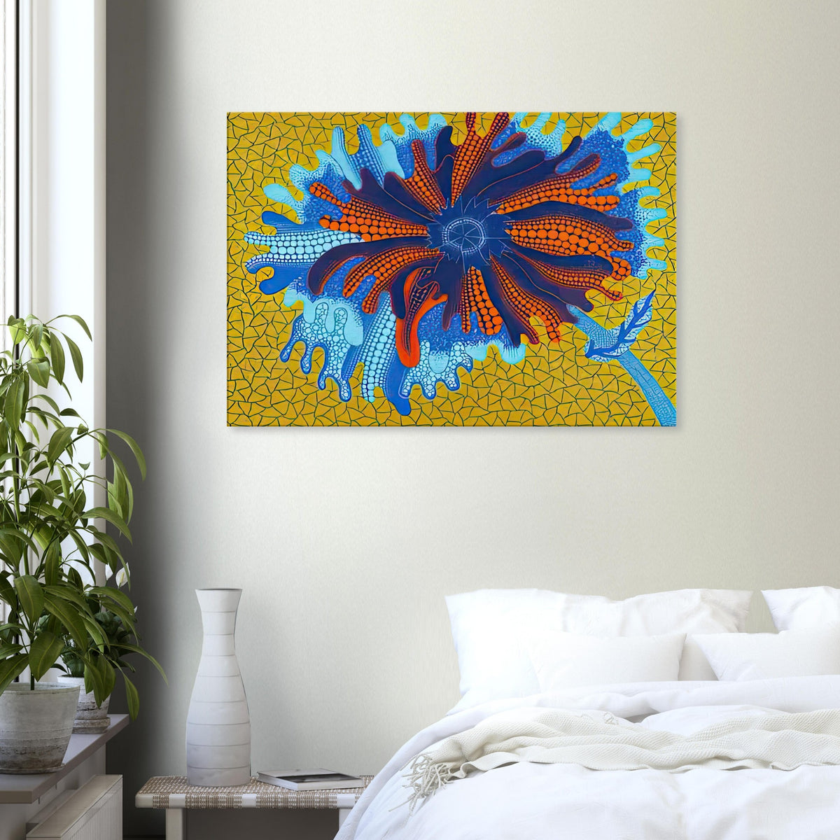 Yayoi Kusama canvas print — Flower (B) treats a single flowering motif as a complete visual world