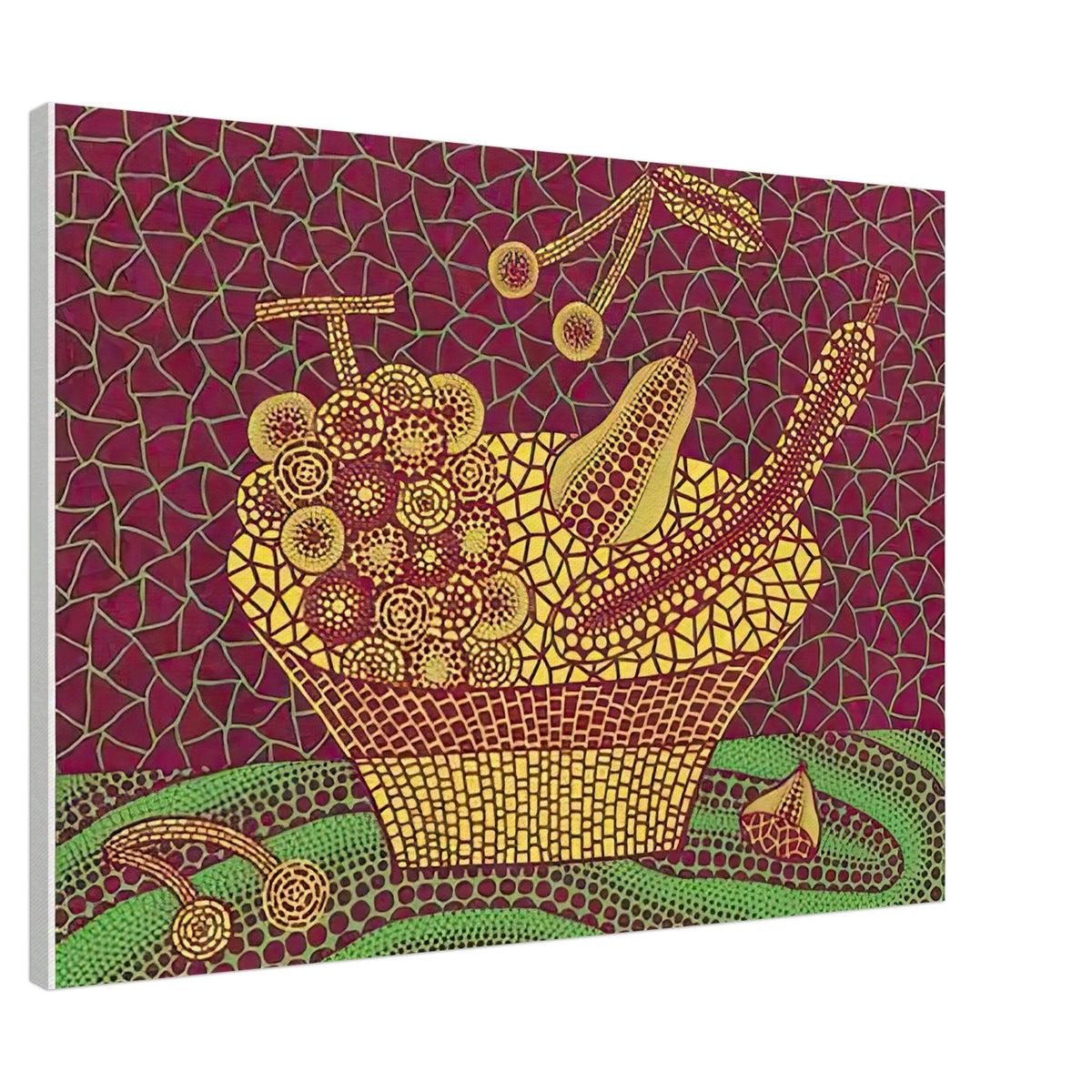 Yayoi Kusama canvas print — Fruit Basket (3) by Yayoi Kusama explores one of the artist’s recurring subjects: the abundance of ordinary fruit, 70x100 cm / 28x40″