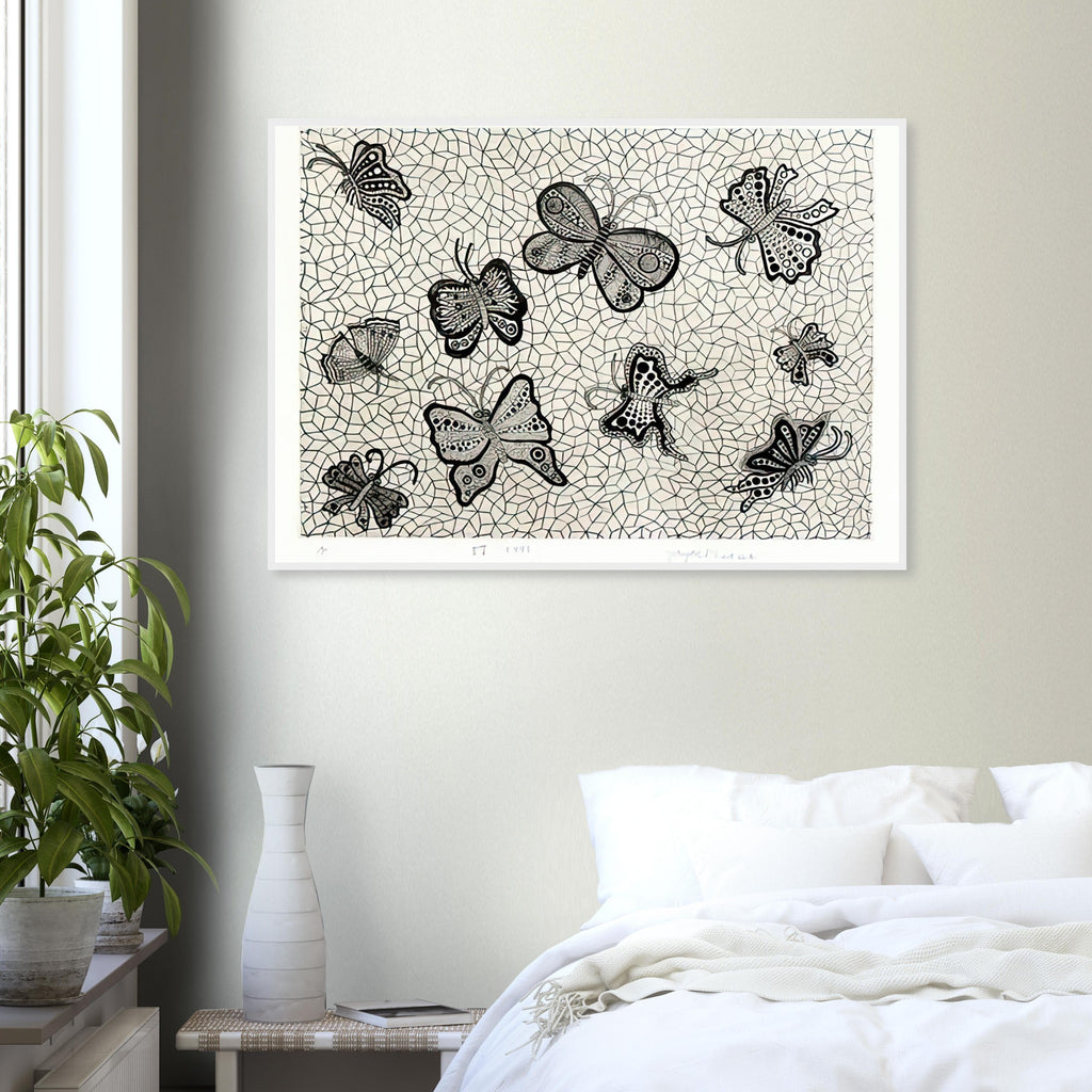 Yayoi Kusama framed print — Butterflies draws on the delicate symmetry and movement of a familiar insect, a recurring subject in Kusama’s printmaking