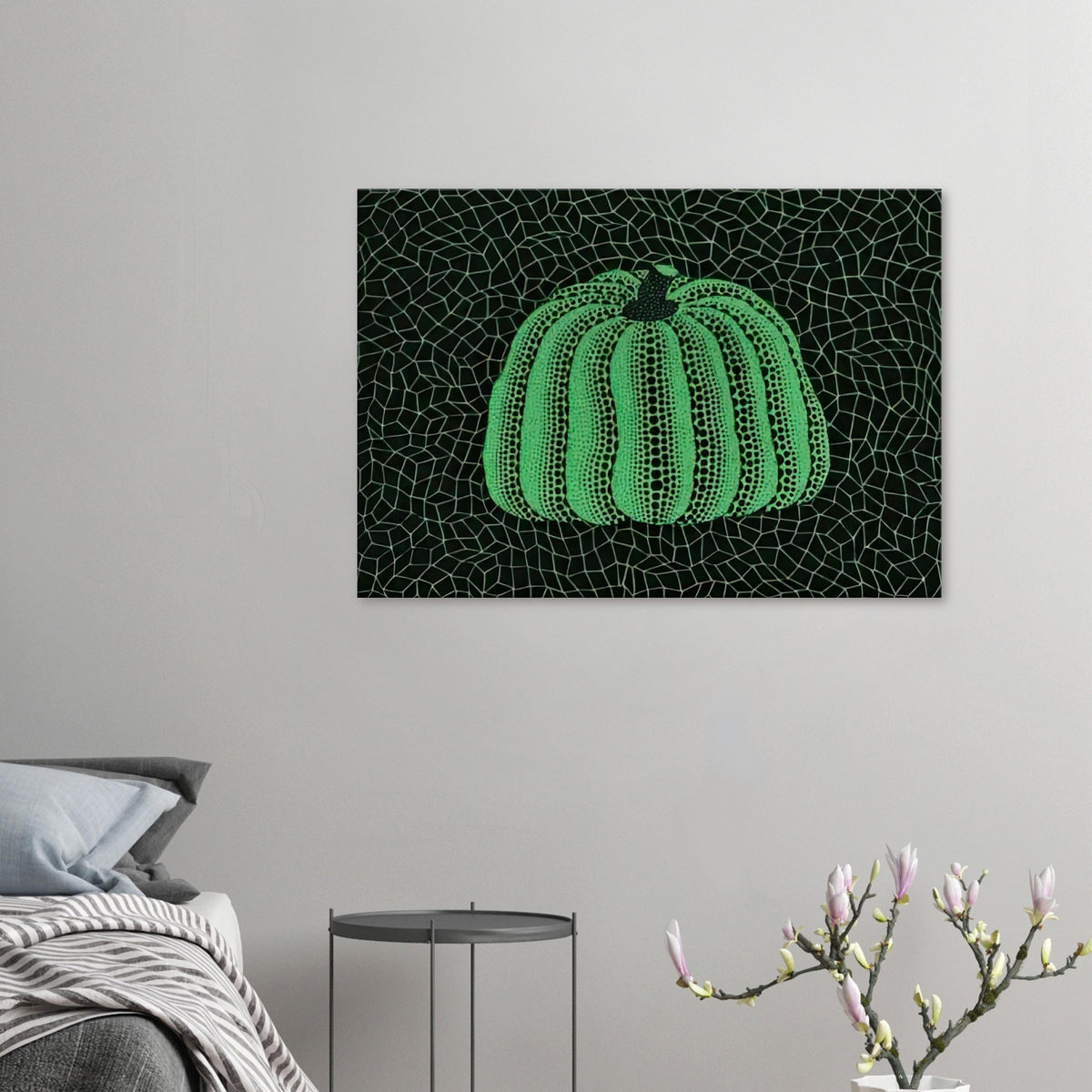 Yayoi Kusama canvas print — Pumpkin (Green, Version 2) presents Kusama’s familiar pumpkin through an explicitly green variation