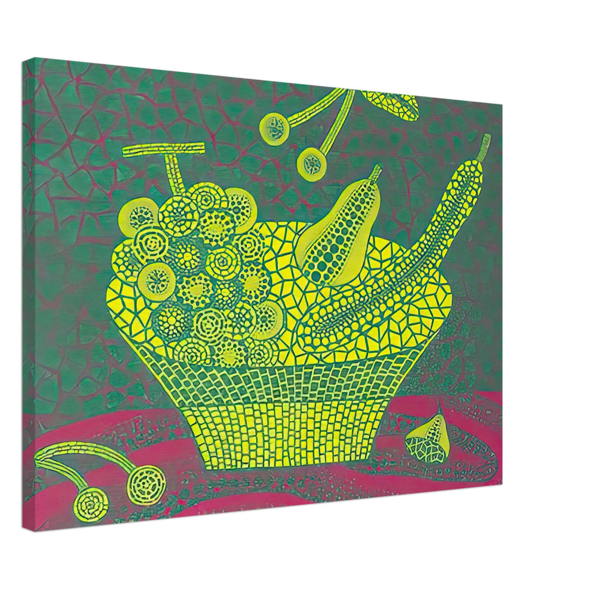 Yayoi Kusama canvas print — Fruit Basket (4) by Yayoi Kusama explores one of the artist’s recurring subjects: the abundance of ordinary fruit, 50x70 cm / 20x28″