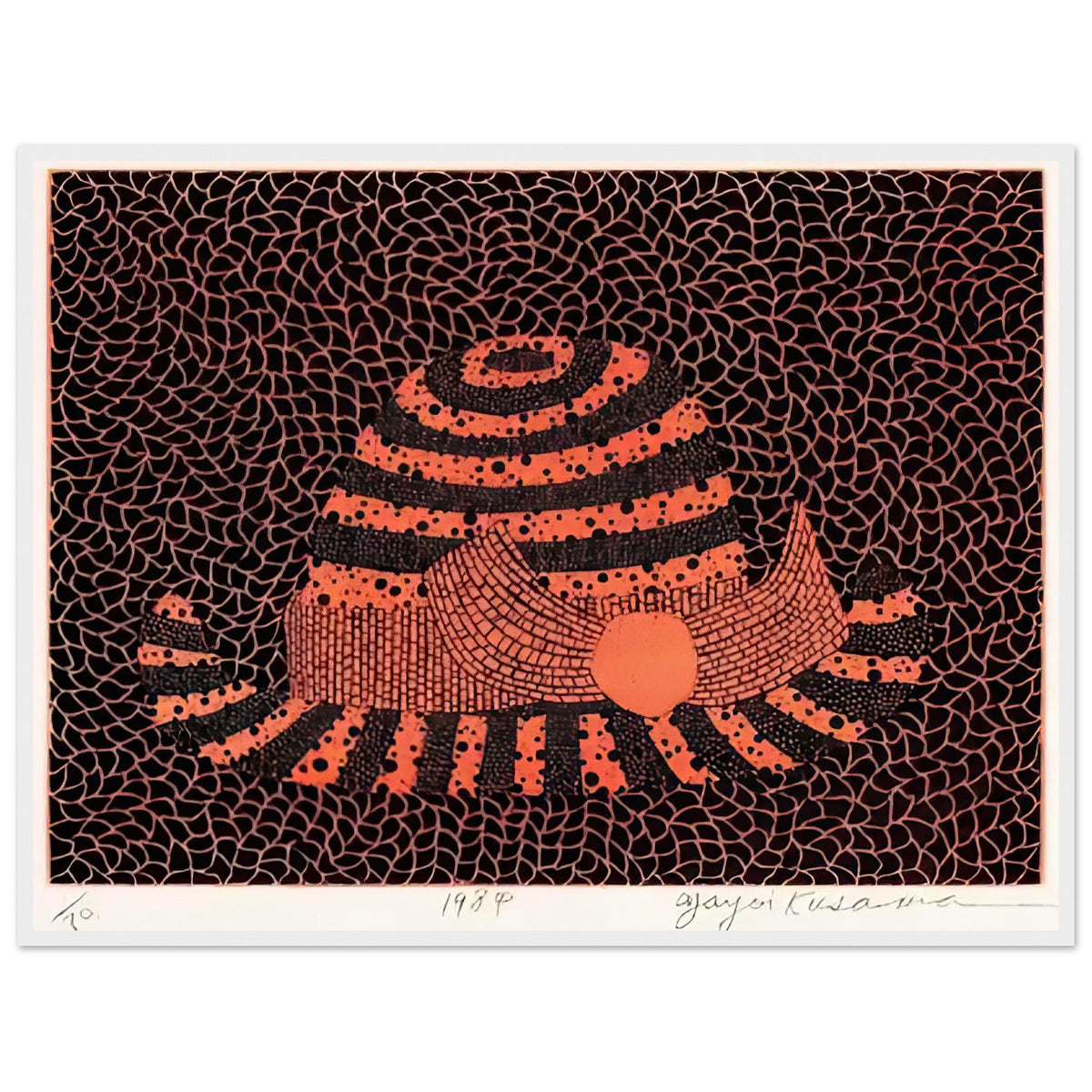 Yayoi Kusama framed print — Hat (2) turns an everyday hat into a subject for playful observation, white frame, 60x80 cm / 24x32″