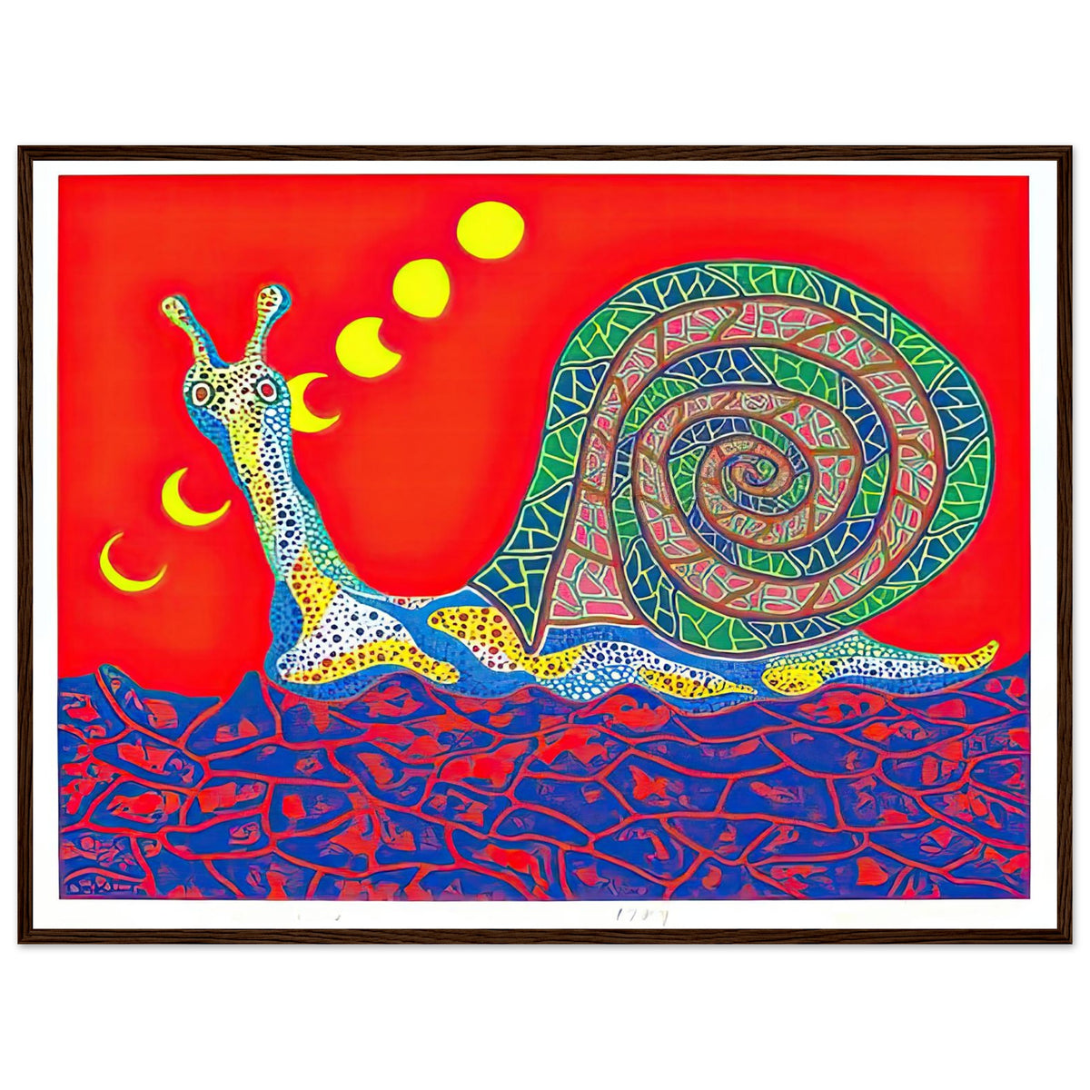 Yayoi Kusama framed print — Snail takes a slow-moving creature and makes its spiral shell and delicate movement the center of attention, dark wood frame, 60x80 cm / 24x32″