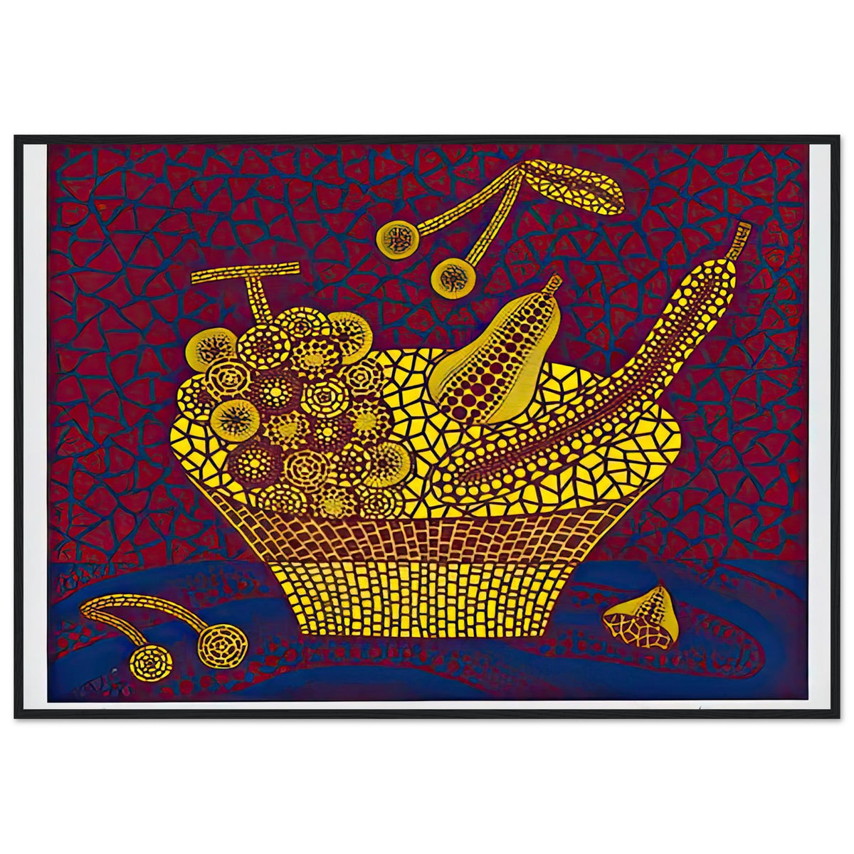 Yayoi Kusama framed print — Fruit Basket (2) by Yayoi Kusama explores one of the artist’s recurring subjects: the abundance of ordinary fruit, black frame, 70x100 cm / 28x40″