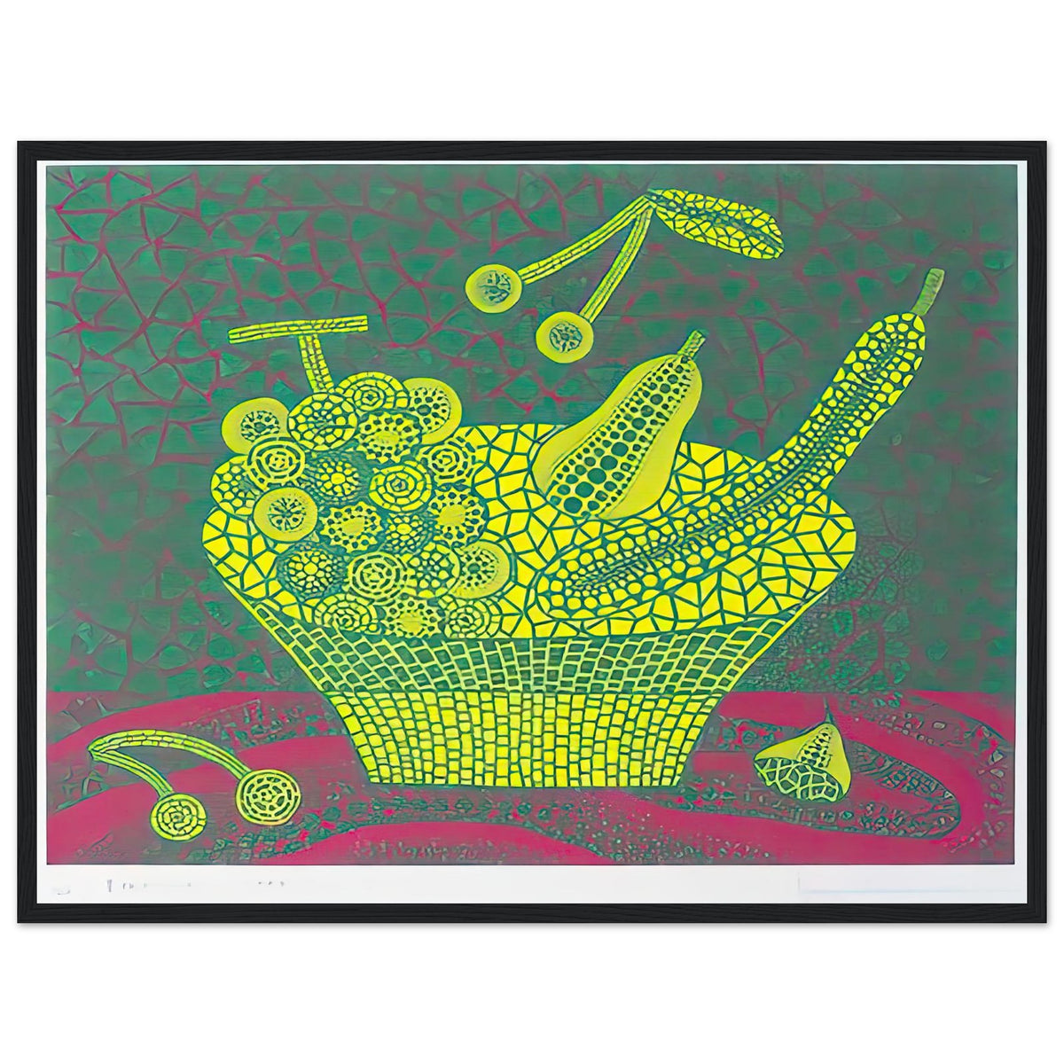Yayoi Kusama framed print — Fruit Basket (4) by Yayoi Kusama explores one of the artist’s recurring subjects: the abundance of ordinary fruit, black frame, 45x60 cm / 18x24″