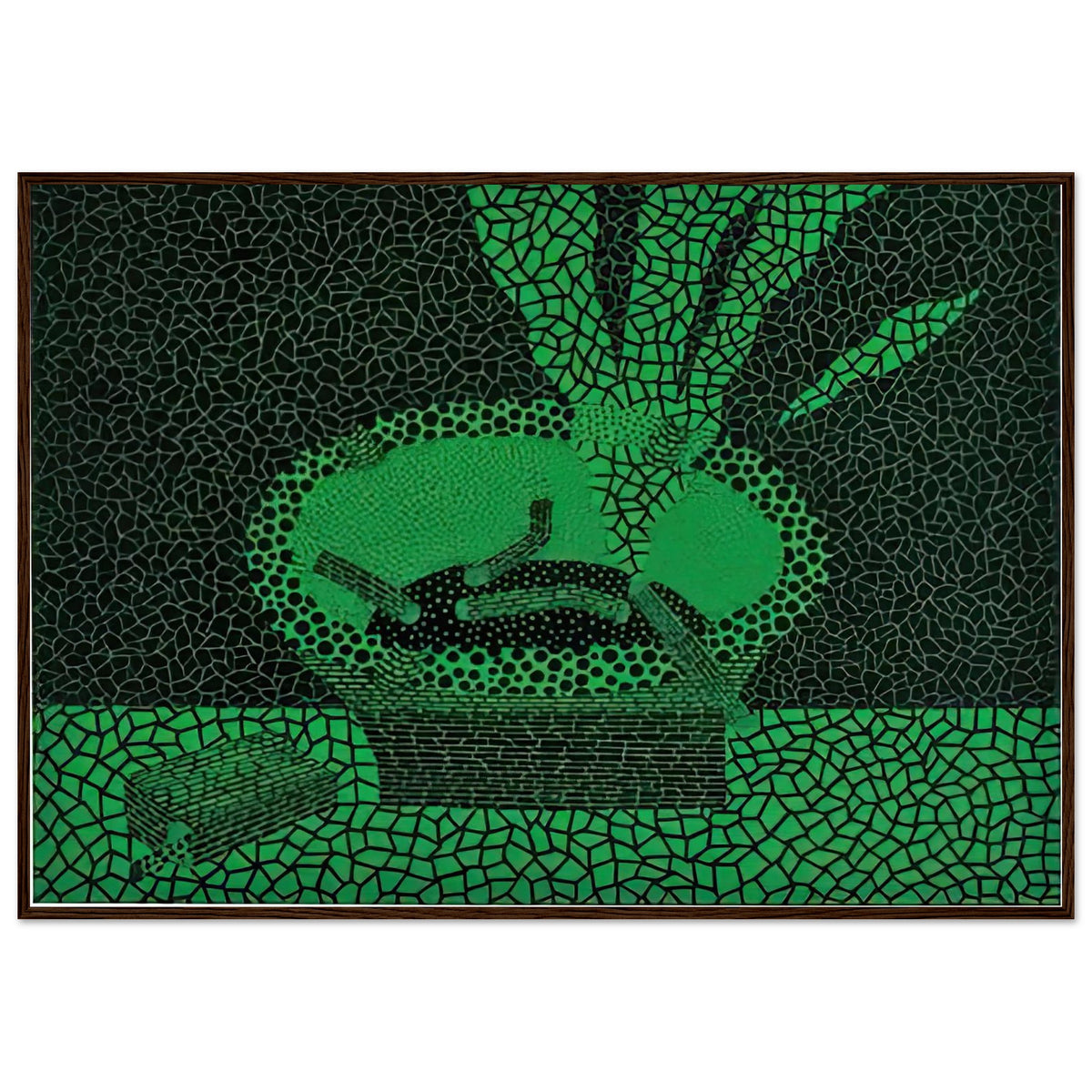Yayoi Kusama framed print — The familiar outline of an ashtray becomes unexpectedly compelling in this early Kusama still-life subject, dark wood frame, 70x100 cm / 28x40″