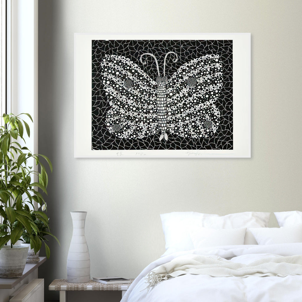 Yayoi Kusama framed print — Butterfly [Kusama 18] by Yayoi Kusama takes the lightness of a butterfly and gives it graphic intensity through pattern