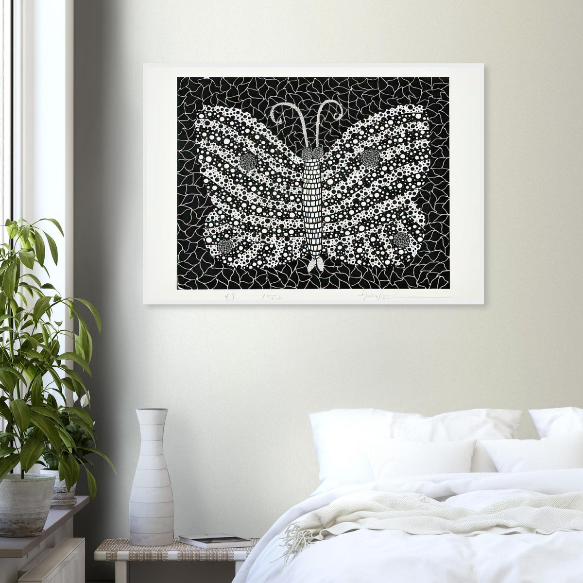 Yayoi Kusama framed print — Butterfly [Kusama 18] by Yayoi Kusama takes the lightness of a butterfly and gives it graphic intensity through pattern