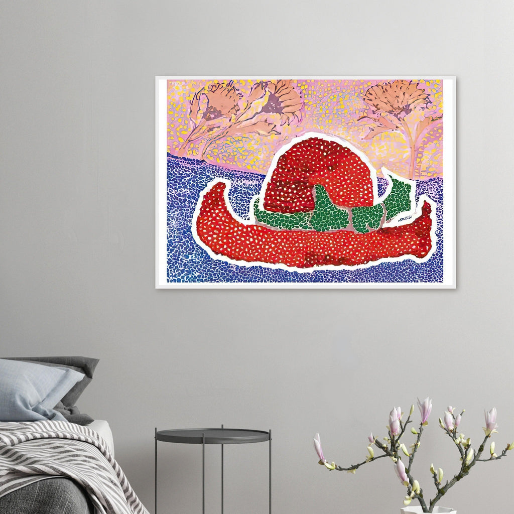 Yayoi Kusama framed print — Hat Left Behind in the Field turns an unattended accessory into a scene with an implied human presence