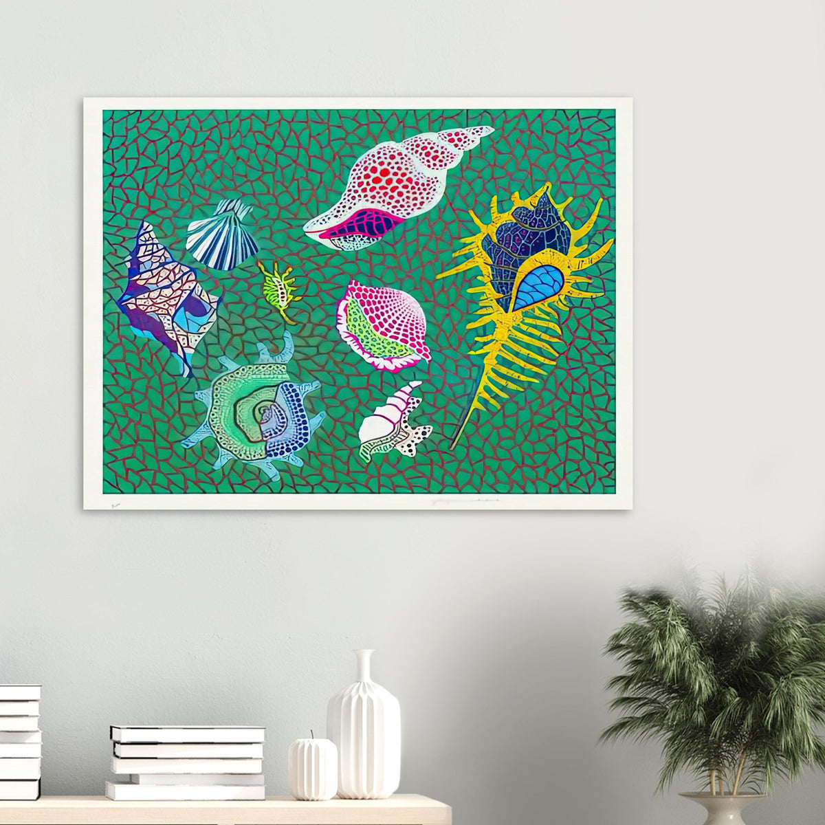Yayoi Kusama poster — Shells draws attention to small natural objects whose curved structures and repeating ridges are already pattern-like