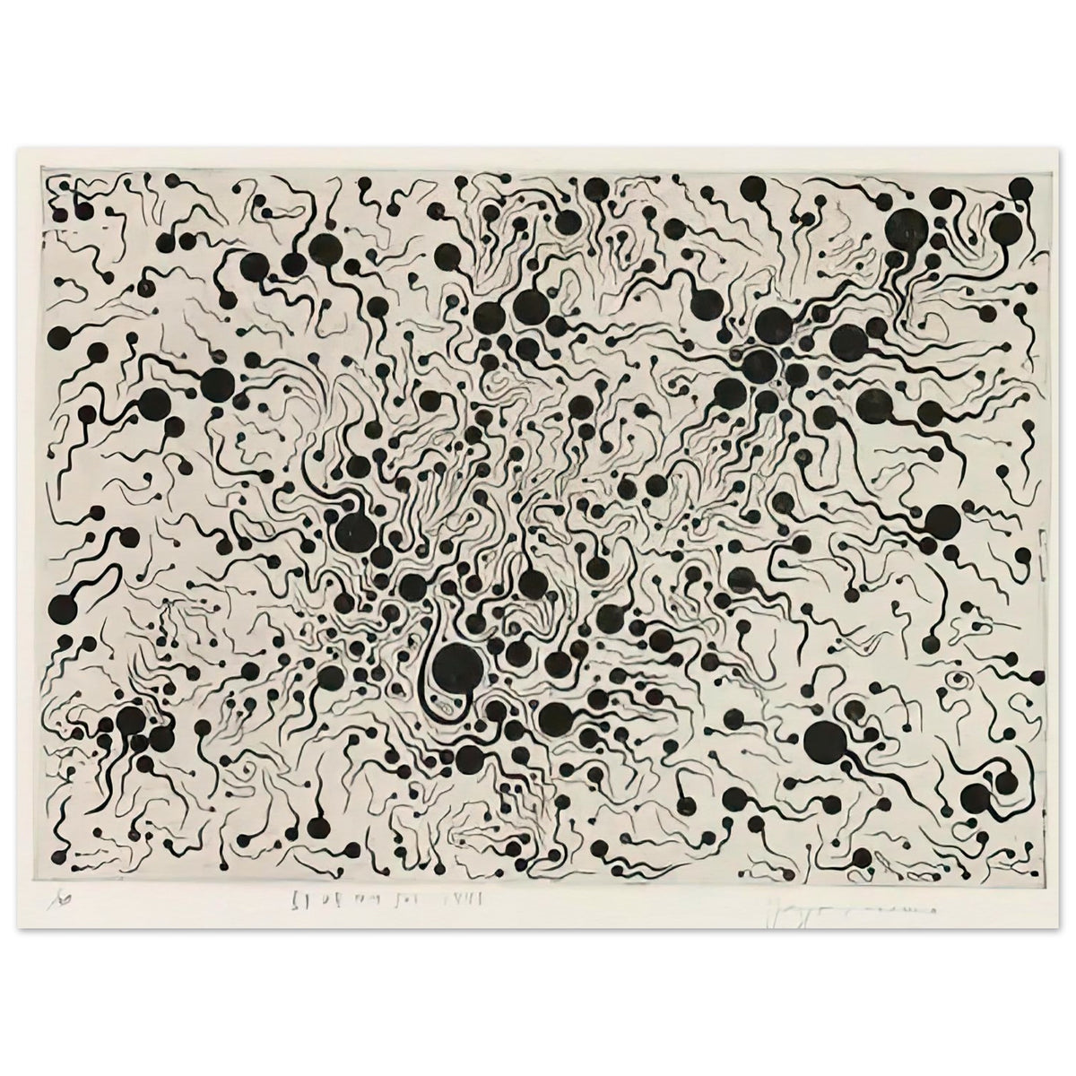 Yayoi Kusama poster — River at Sunrise brings a moment of natural transition into Kusama’s printmaking imagery, 15x20 cm / 6x8″