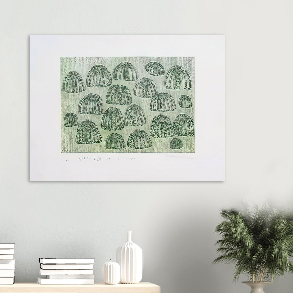 Yayoi Kusama poster — Pumpkin Army (green) turns a single familiar vegetable into a collective presence