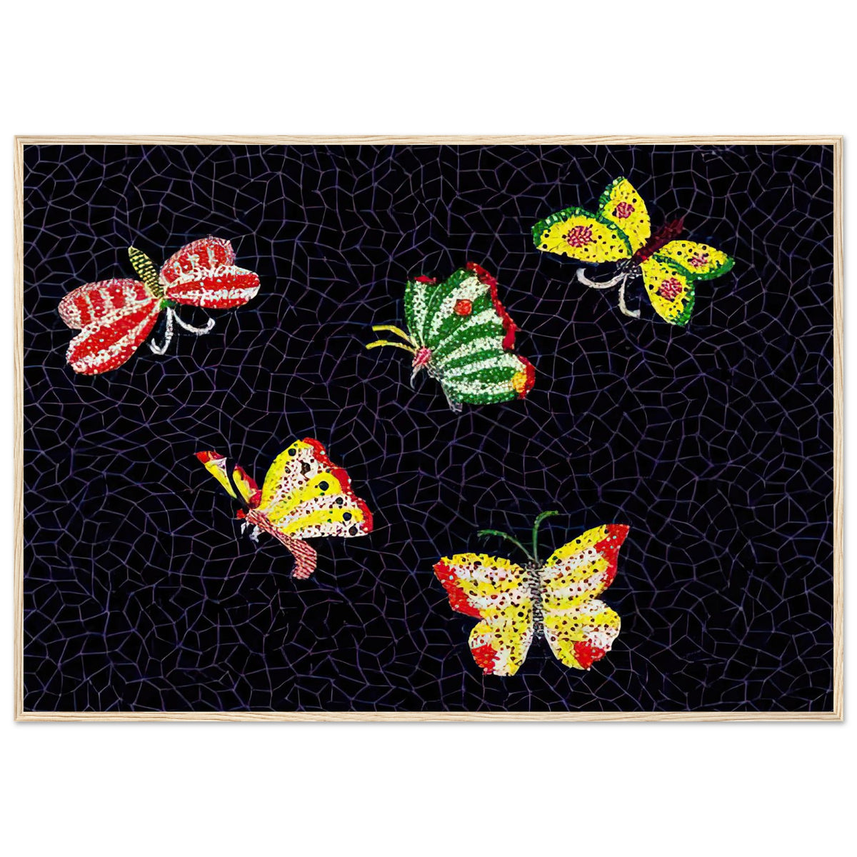 Yayoi Kusama framed print — Butterfly [Kusama 82] by Yayoi Kusama takes the lightness of a butterfly and gives it graphic intensity through pattern, wood frame, 70x100 cm / 28x40″