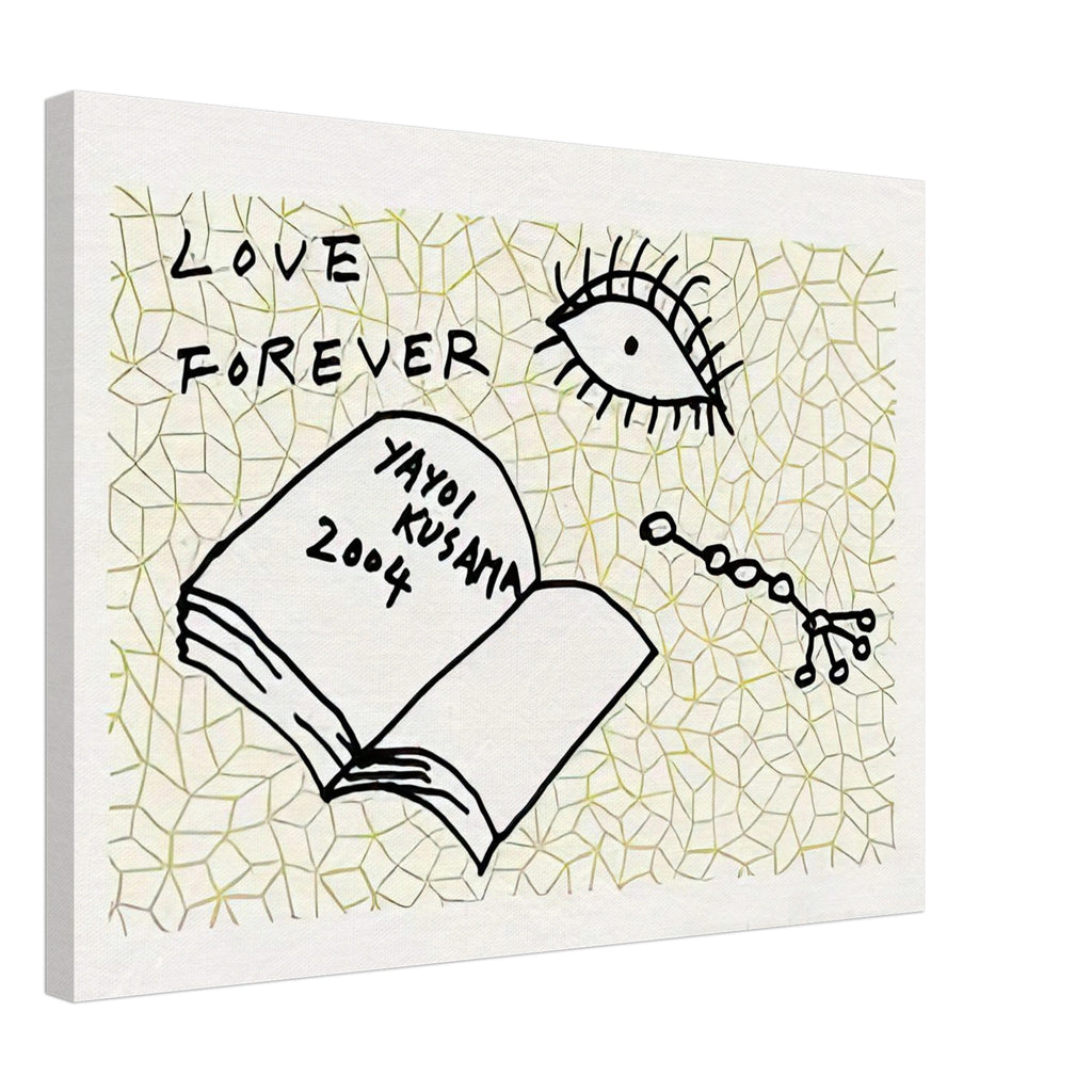 Yayoi Kusama canvas print — Book to Read at Night A places an illustrated book at the center of a strange, poetic visual world, 45x60 cm / 18x24″