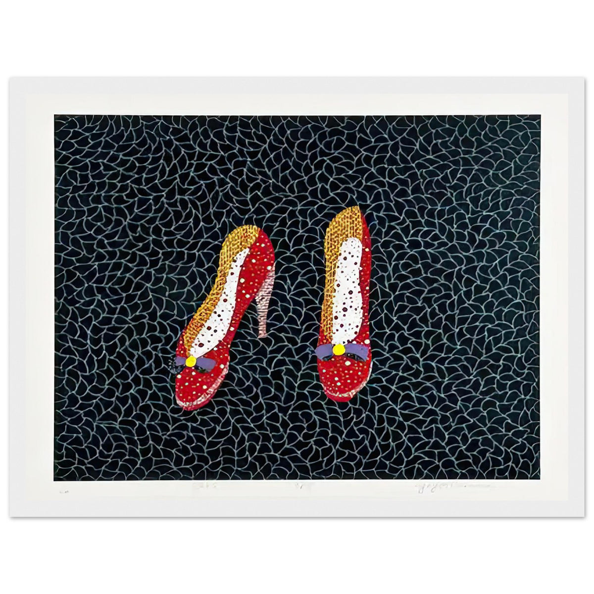 Yayoi Kusama framed print — Shoes (2) turns a footwear object into an image about shape, balance and individuality, white frame, 30x40 cm / 12x16″