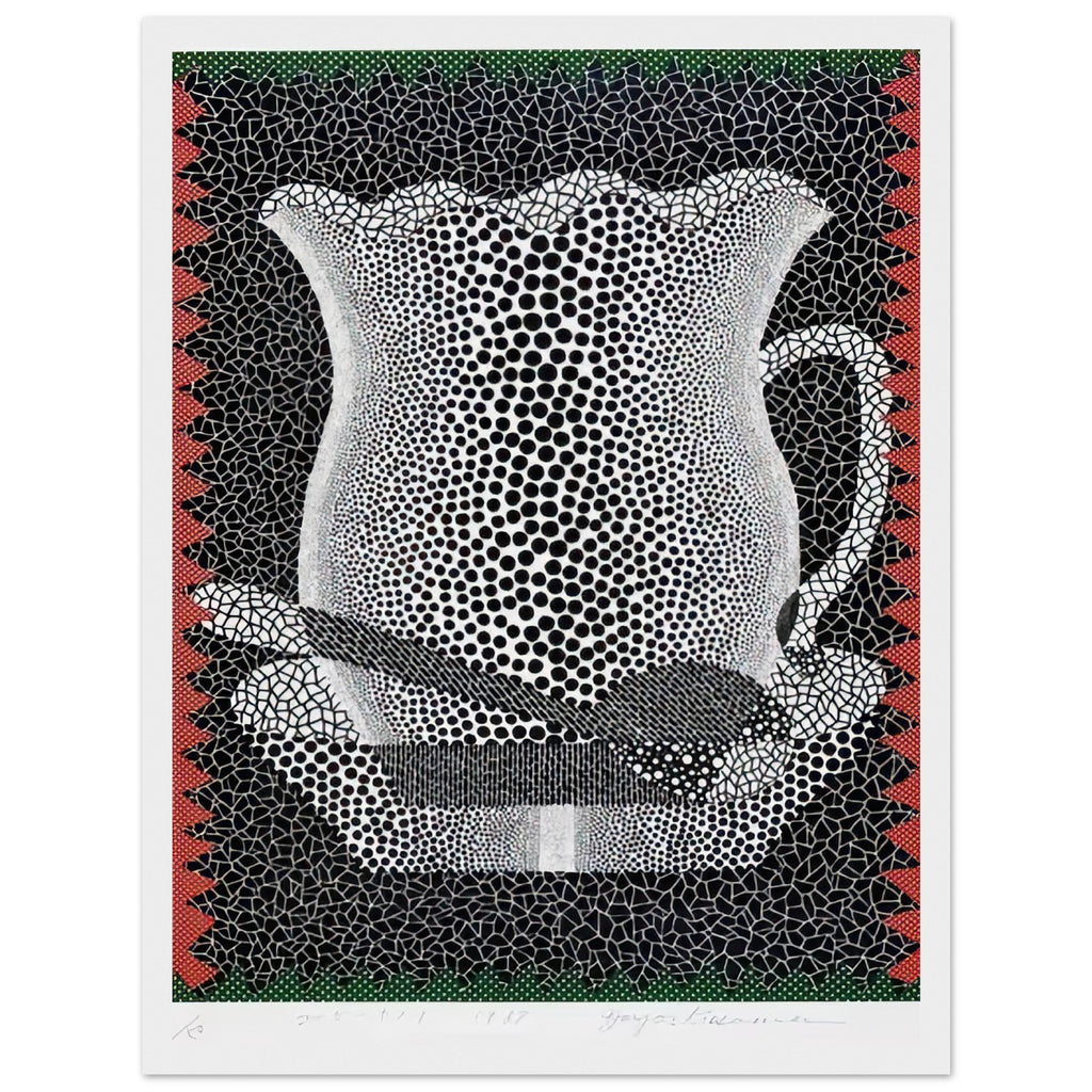 Yayoi Kusama framed print — In this monochrome Coffee Cup version, a humble drinking vessel becomes an arresting graphic subject, white frame, 30x40 cm / 12x16″