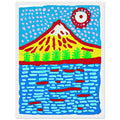 Yayoi Kusama framed print — Mount Fuji rises in vivid layers: a red mountain covered with dotted marks, a pale summit and a sky structured by bands, floating spots and eye-like forms, white frame, 30x40 cm / 12x16″