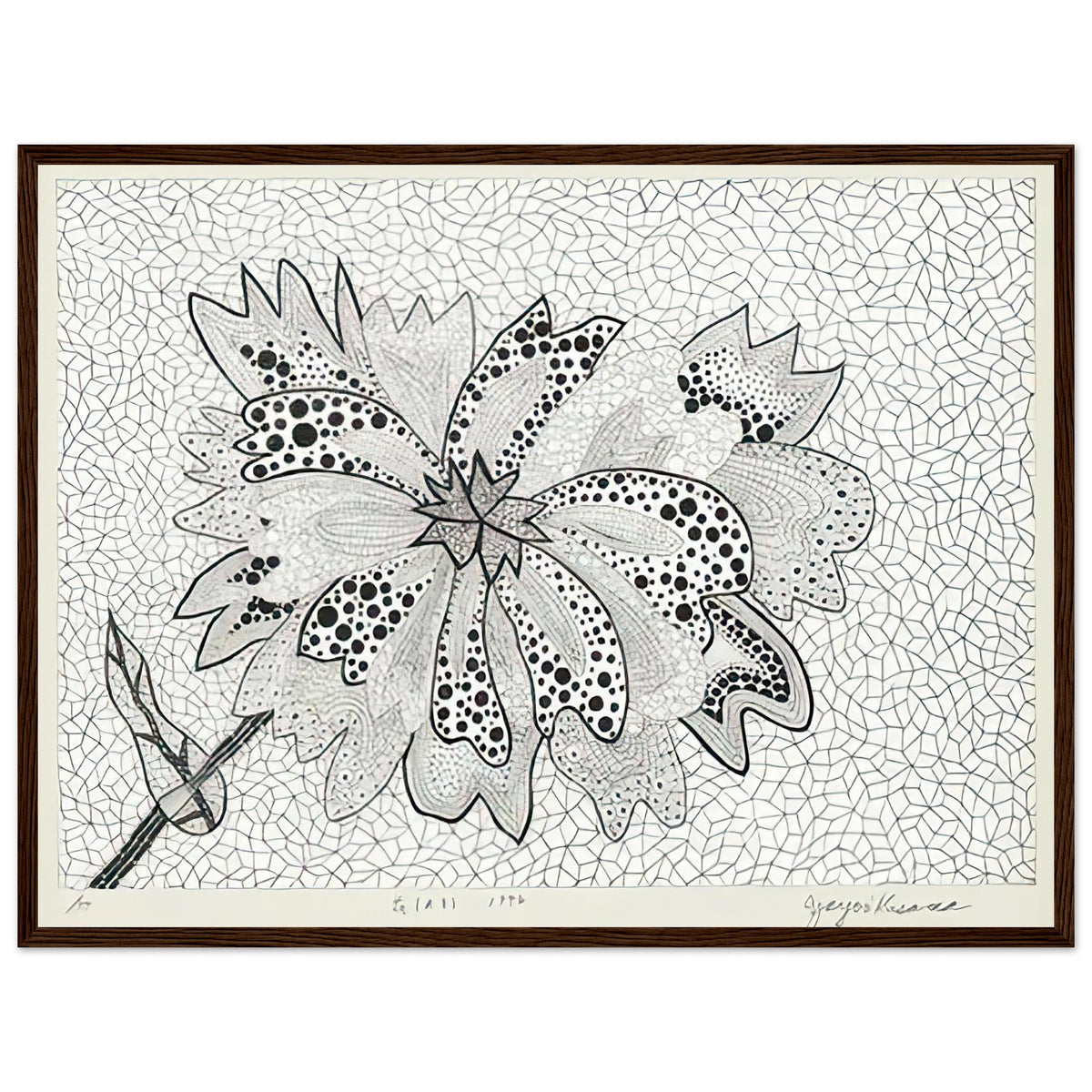 Yayoi Kusama framed print — Flower (A–B) places two designated botanical variations together in a single listing, dark wood frame, 45x60 cm / 18x24″
