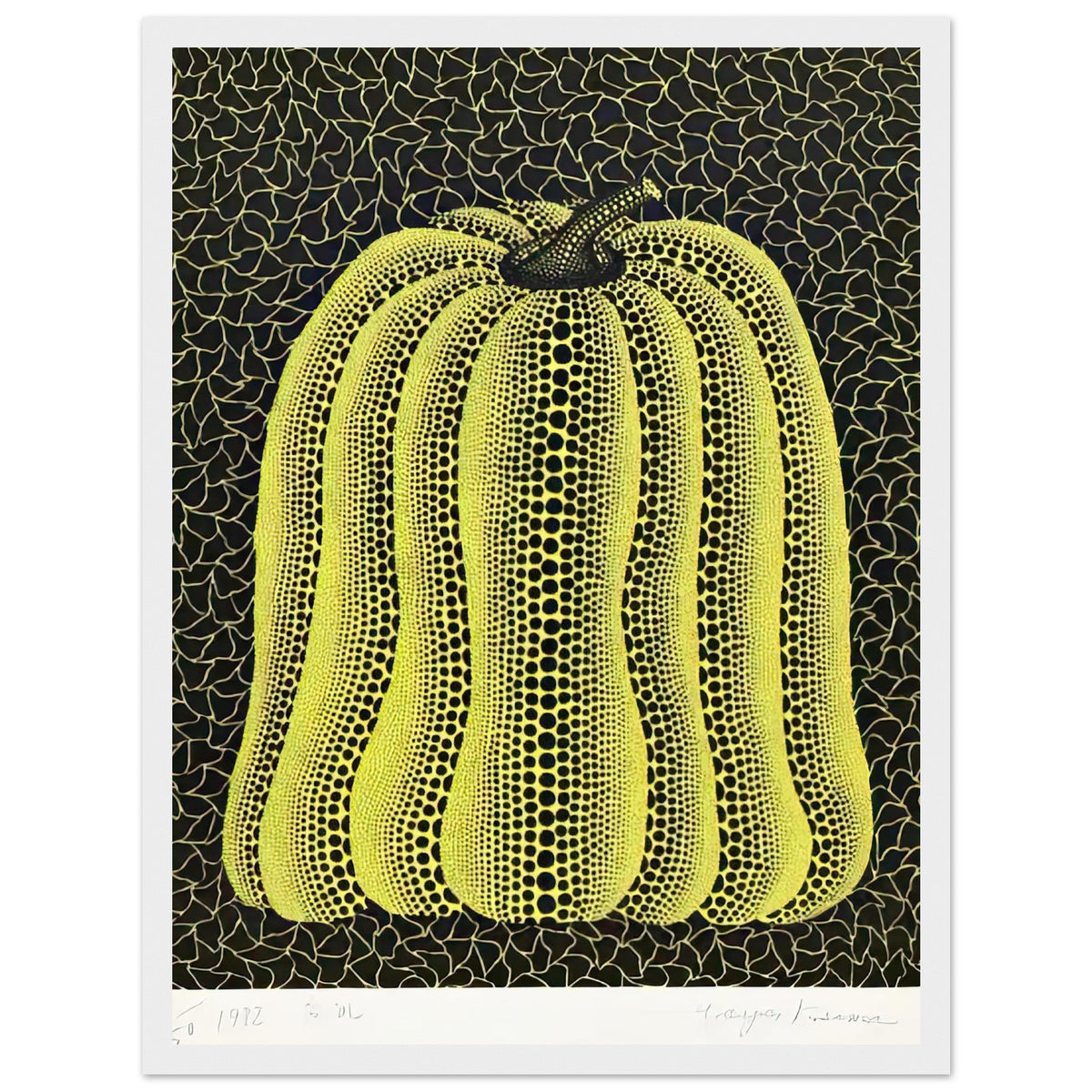 Yayoi Kusama framed print — Pumpkin (Yellow) [Kusama 16] offers another iteration of the artist’s familiar golden gourd, white frame, 30x40 cm / 12x16″