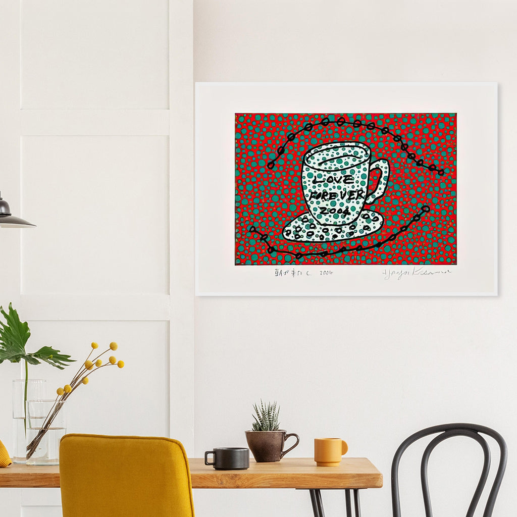 Yayoi Kusama framed print — Morning Is Here (C) joins a series of compact 2004 prints in which the beginning of the day becomes a subject for personal symbols and tightly controlled graphic