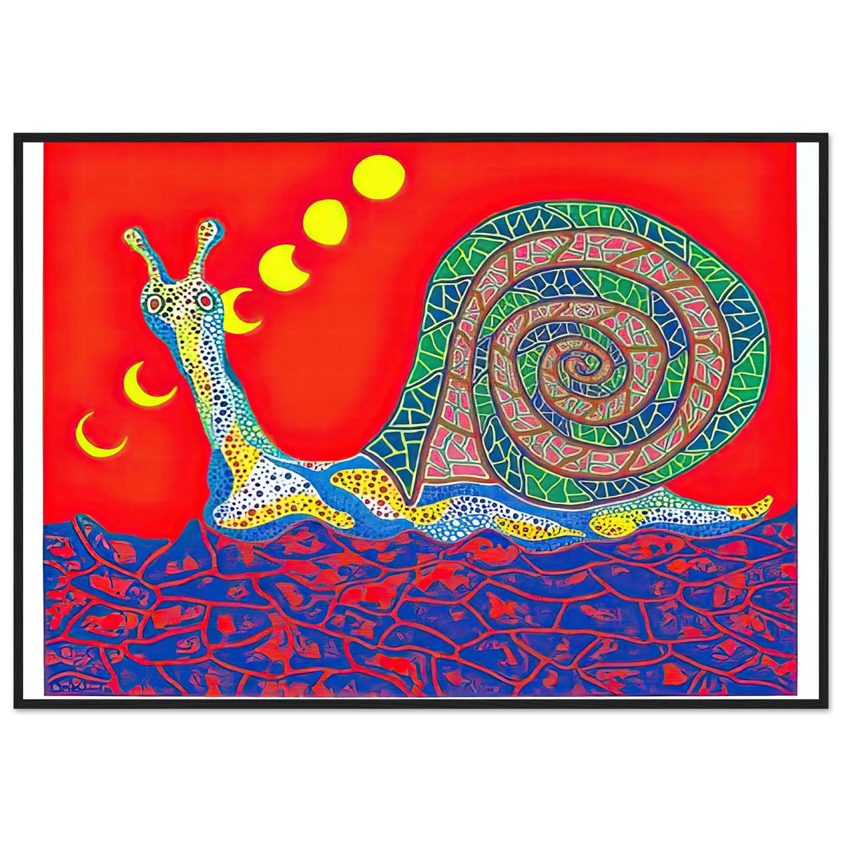 Yayoi Kusama framed print — Snail takes a slow-moving creature and makes its spiral shell and delicate movement the center of attention, black frame, 70x100 cm / 28x40″
