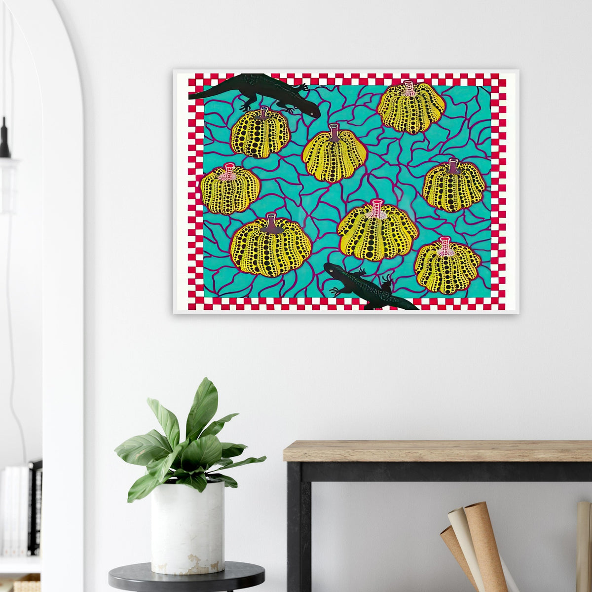 Yayoi Kusama framed print — Black Lizards introduces a less familiar animal motif into Kusama’s vocabulary of living creatures and repeating patterns