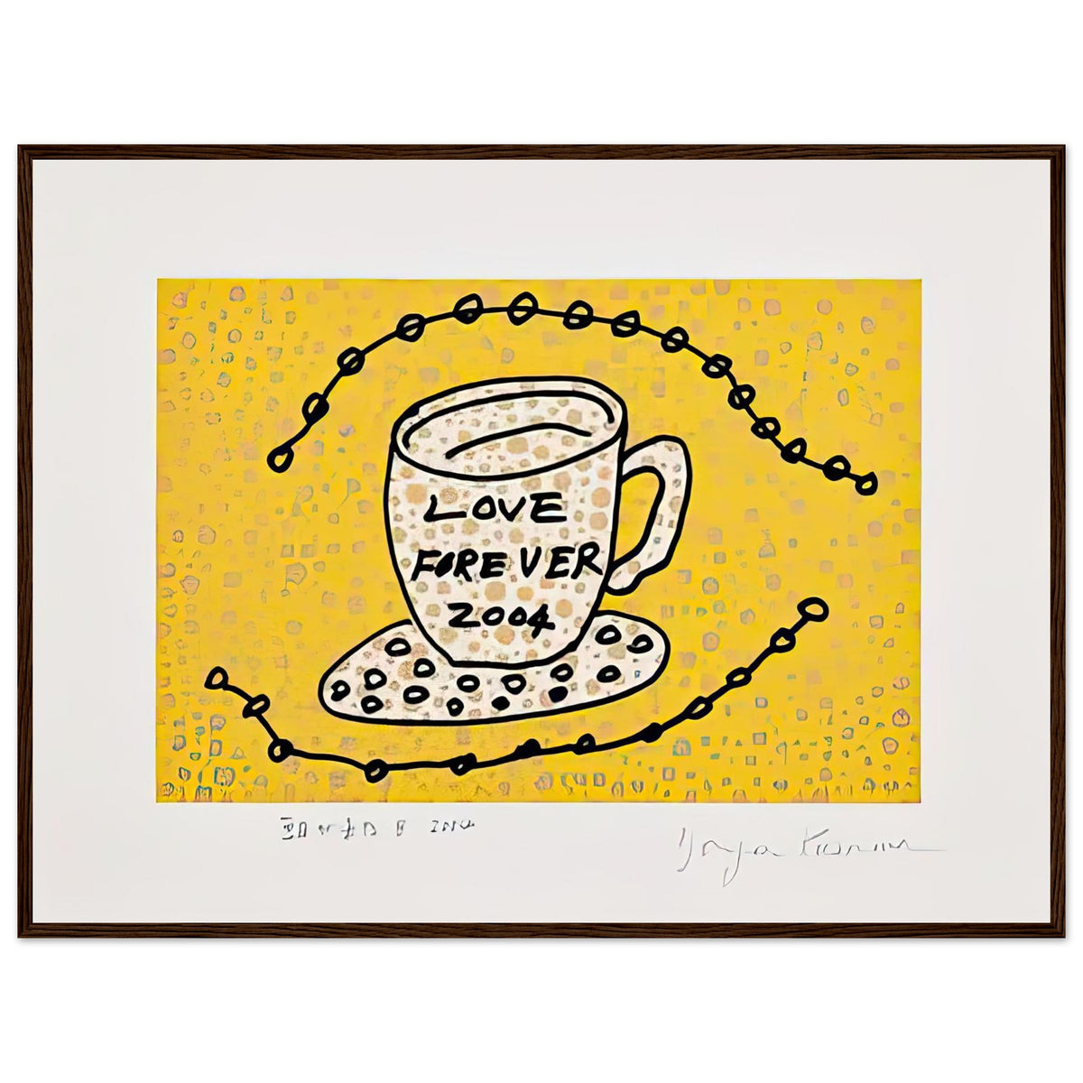 Yayoi Kusama framed print — Morning Is Here (B) joins a series of compact 2004 prints in which the beginning of the day becomes a subject for personal symbols and tightly controlled graphic, dark wood frame, 60x80 cm / 24x32″