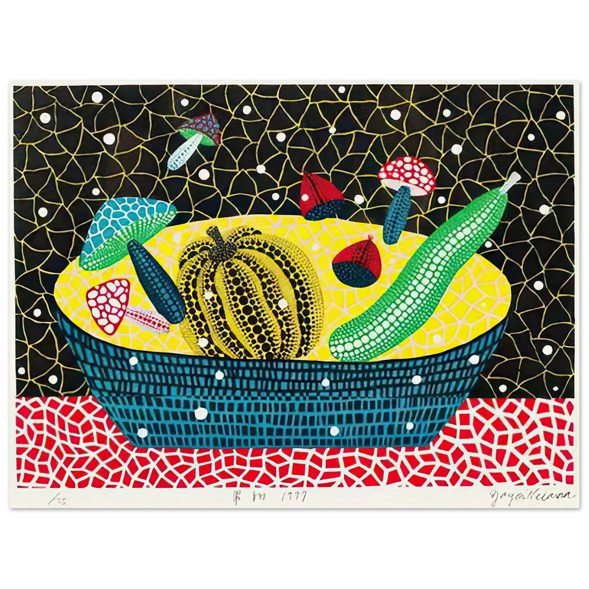 Yayoi Kusama poster — Fruits (2) turns an arrangement of fruit into a deliberately ornamental still life, 45x60 cm / 18x24″
