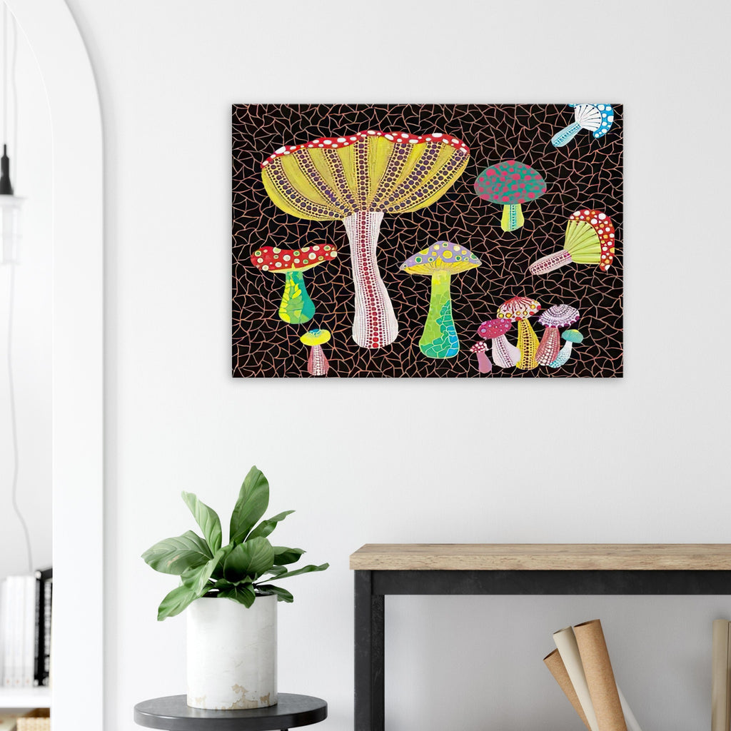 Yayoi Kusama canvas print — Toadstools explores the eccentric shapes of woodland fungi, balancing rounded caps and slender supports