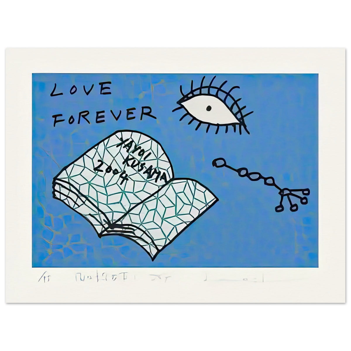 Yayoi Kusama poster — Book to Read at Night D places an illustrated book at the center of a strange, poetic visual world, 15x20 cm / 6x8″