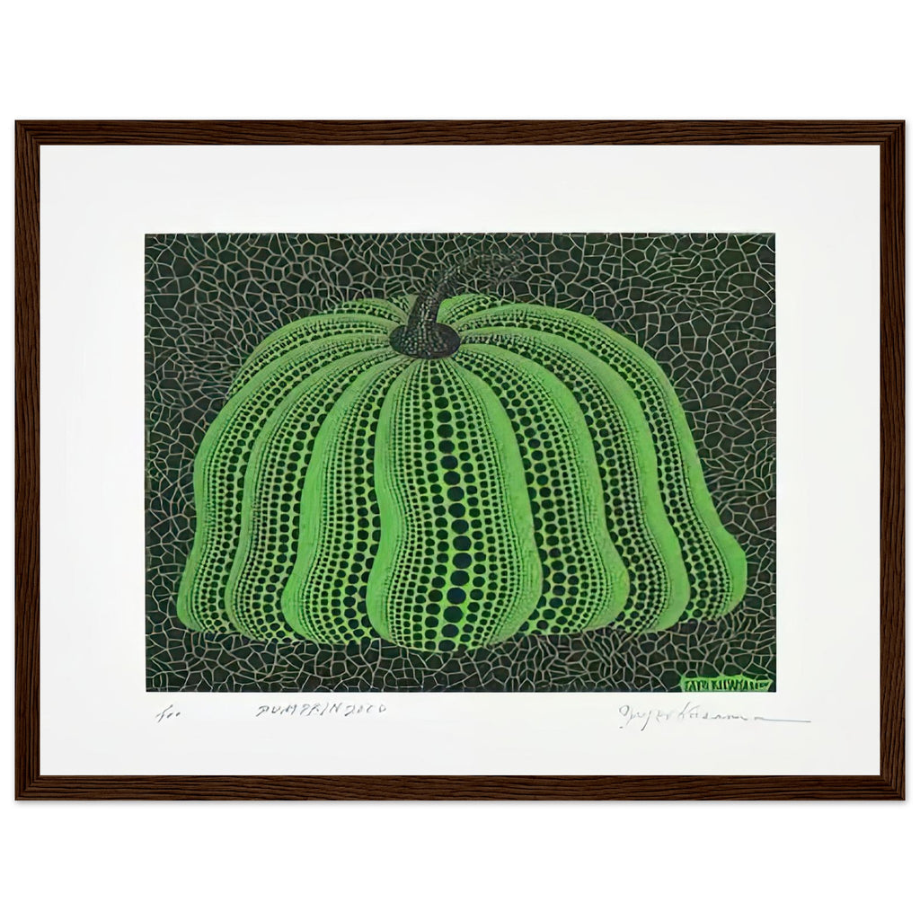 Yayoi Kusama framed print — Pumpkin 2000 (Green) uses a green treatment to reinterpret one of Kusama’s most affectionate subjects