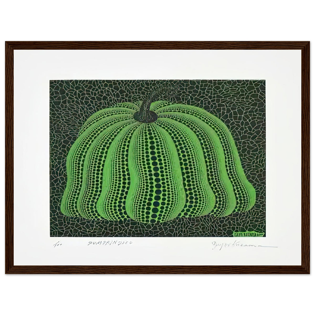 Yayoi Kusama framed print — Pumpkin 2000 (Green) uses a green treatment to reinterpret one of Kusama’s most affectionate subjects, dark wood frame, 30x40 cm / 12x16″