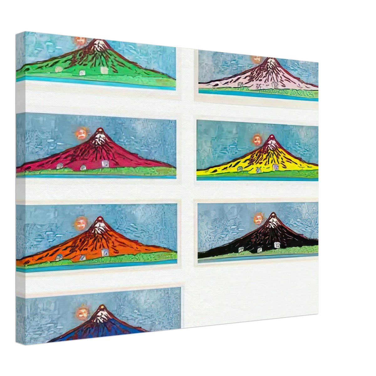 Yayoi Kusama canvas print — Mt. Fuji in Seven Colours (Complete Set) brings together seven distinct interpretations of Japan’s famous mountain. Rather than repeating a single landscape, Kusama, 45x60 cm / 18x24″