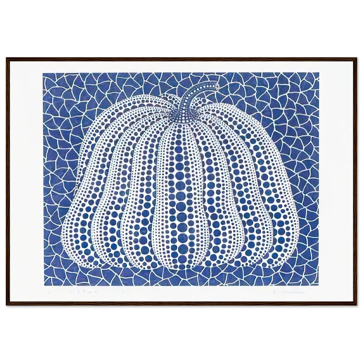 Yayoi Kusama framed print — Pumpkin (Blue, Version 2) presents Kusama’s familiar pumpkin through an explicitly blue variation, dark wood frame, 70x100 cm / 28x40″
