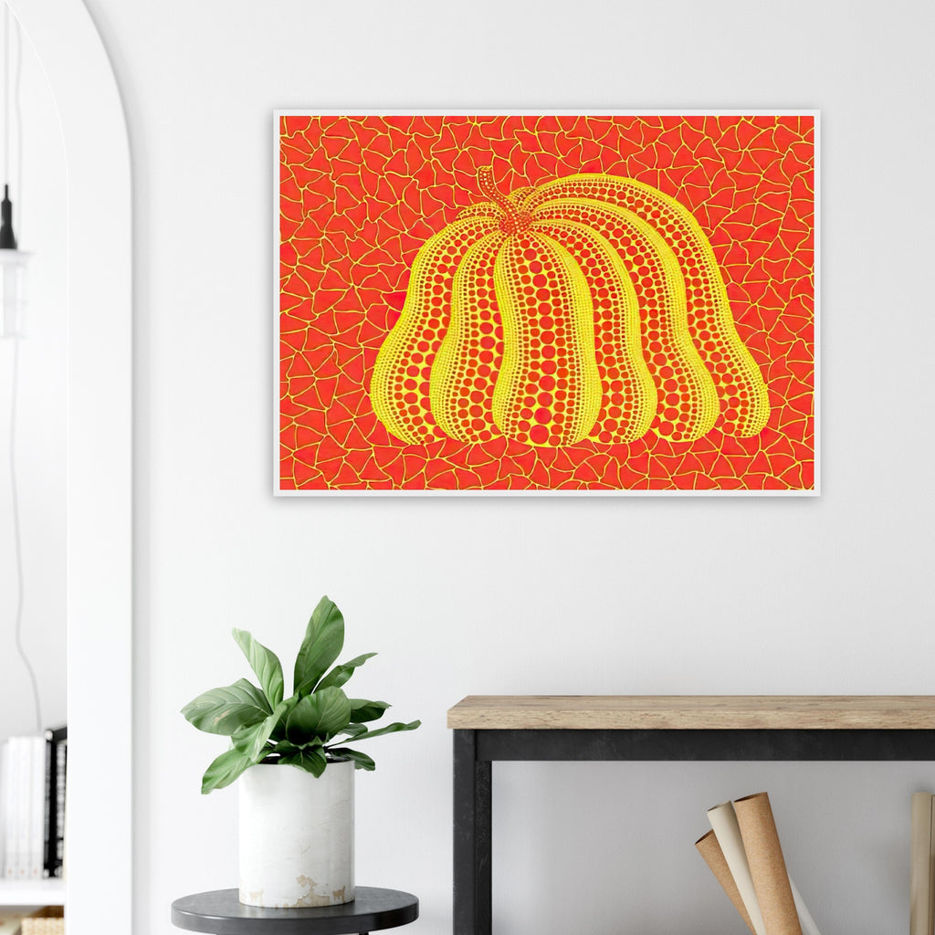 Yayoi Kusama framed print — Pumpkin (YOR-A) [Kusama 326] revisits Kusama’s best-known vegetable through the relationship between its distinctive form and repeating ornament