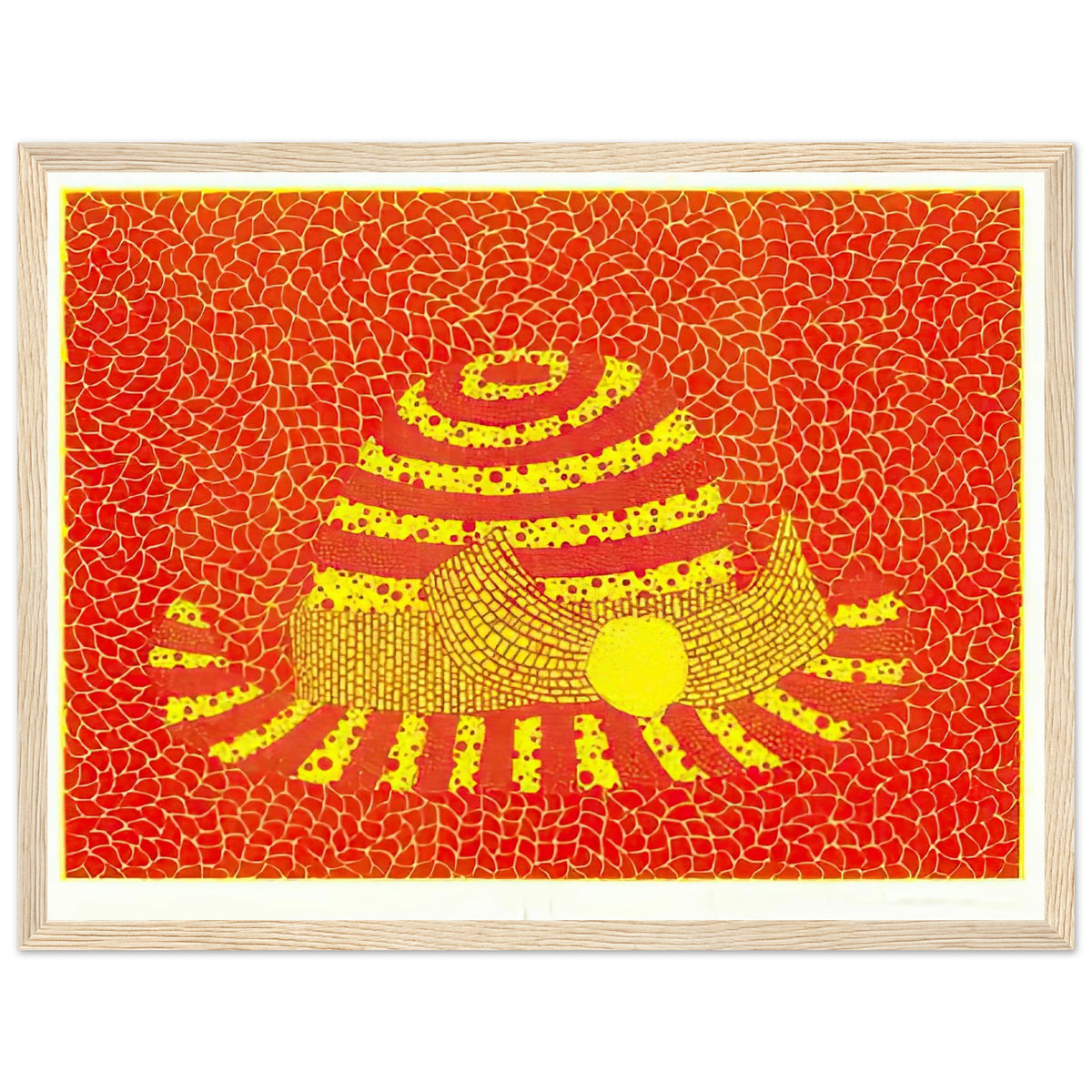 Yayoi Kusama framed print — Hat (Orange) presents a familiar accessory as an exercise in changing color and graphic character, wood frame, 30x40 cm / 12x16″