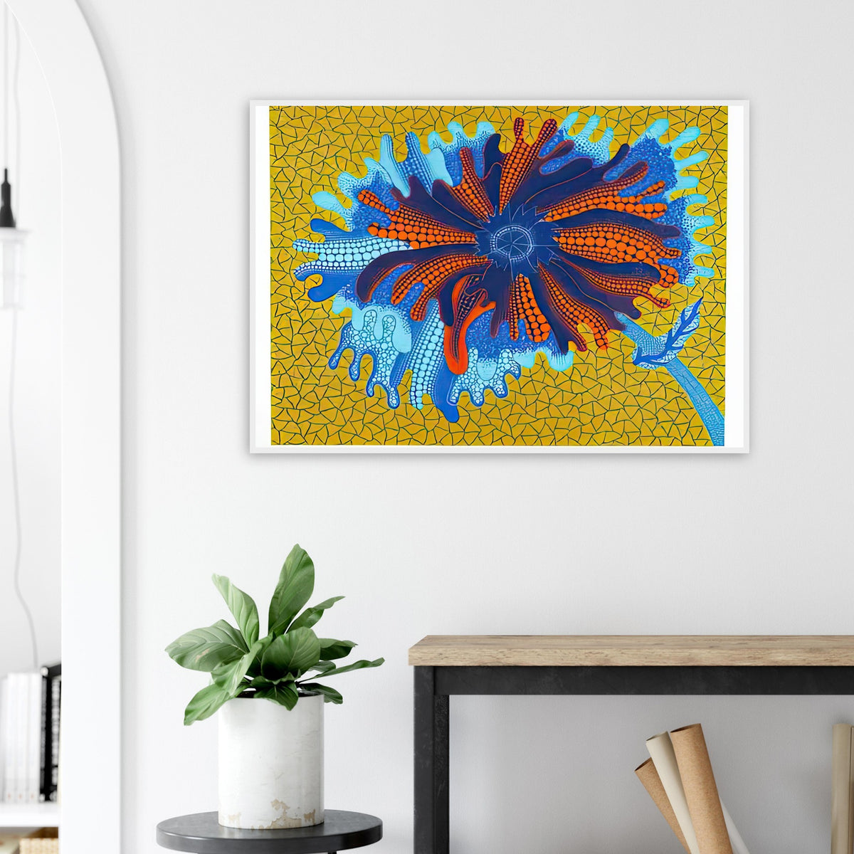 Yayoi Kusama framed print — Flower (B) treats a single flowering motif as a complete visual world