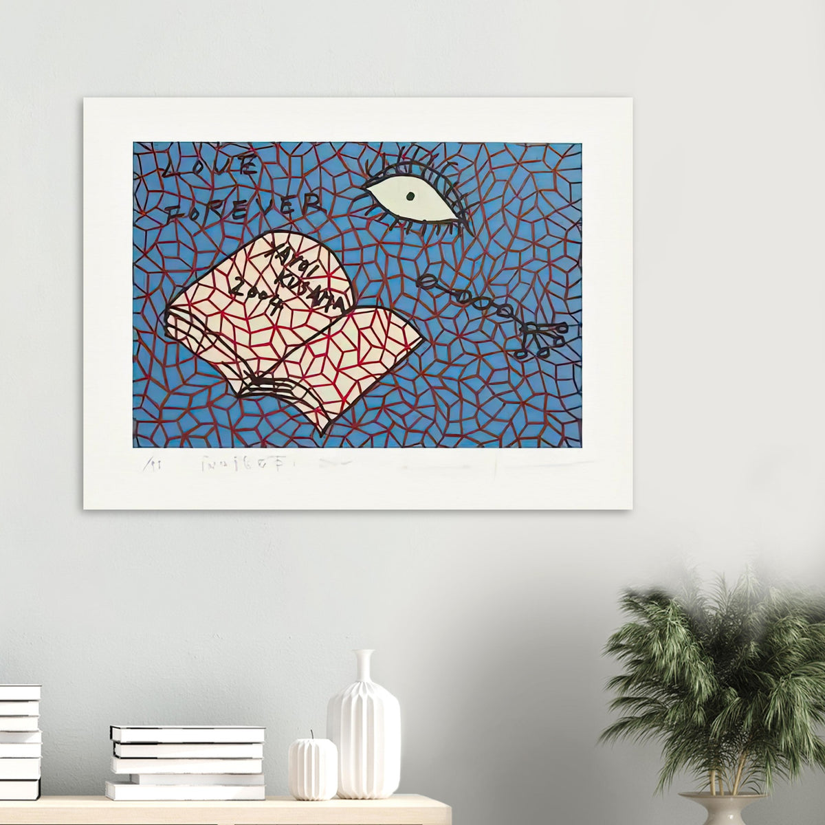 Yayoi Kusama poster — Book to Read at Night E places an illustrated book at the center of a strange, poetic visual world